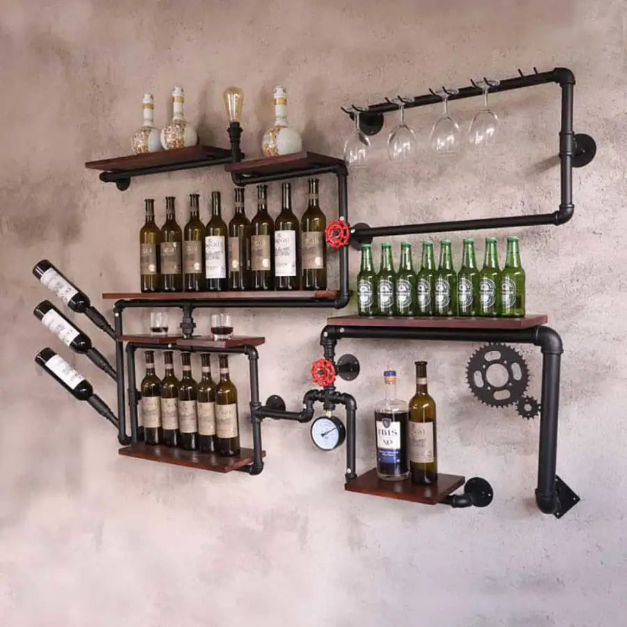 16 Bouteille Mural Porte-bouteilles De Vin, Industriel Étagères De Support  En Métal Pour L'organisateur De Bouteille De Vin Et De Gobelet, Maison Bar